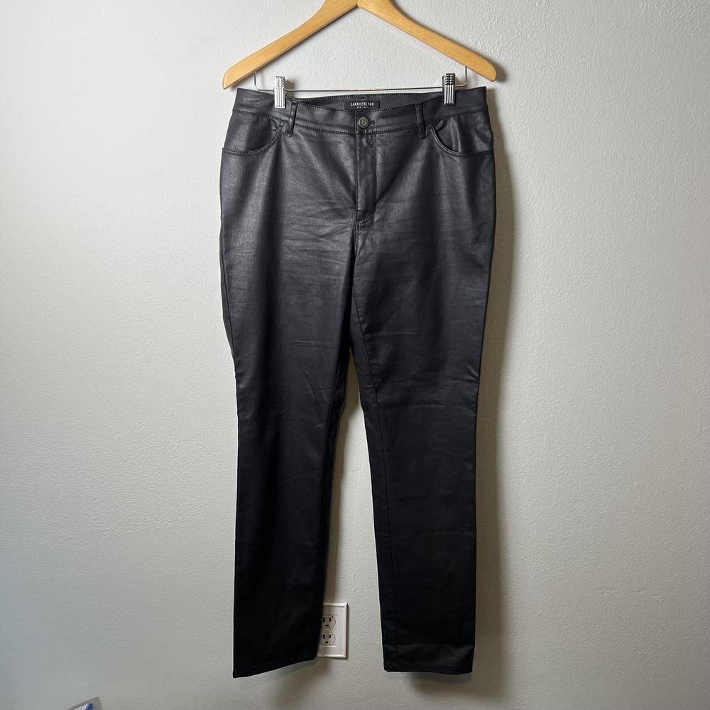 Lafayette 148 Pants Womens 10 Black Coated‎ Faux Leather Skinny Stretch Modern